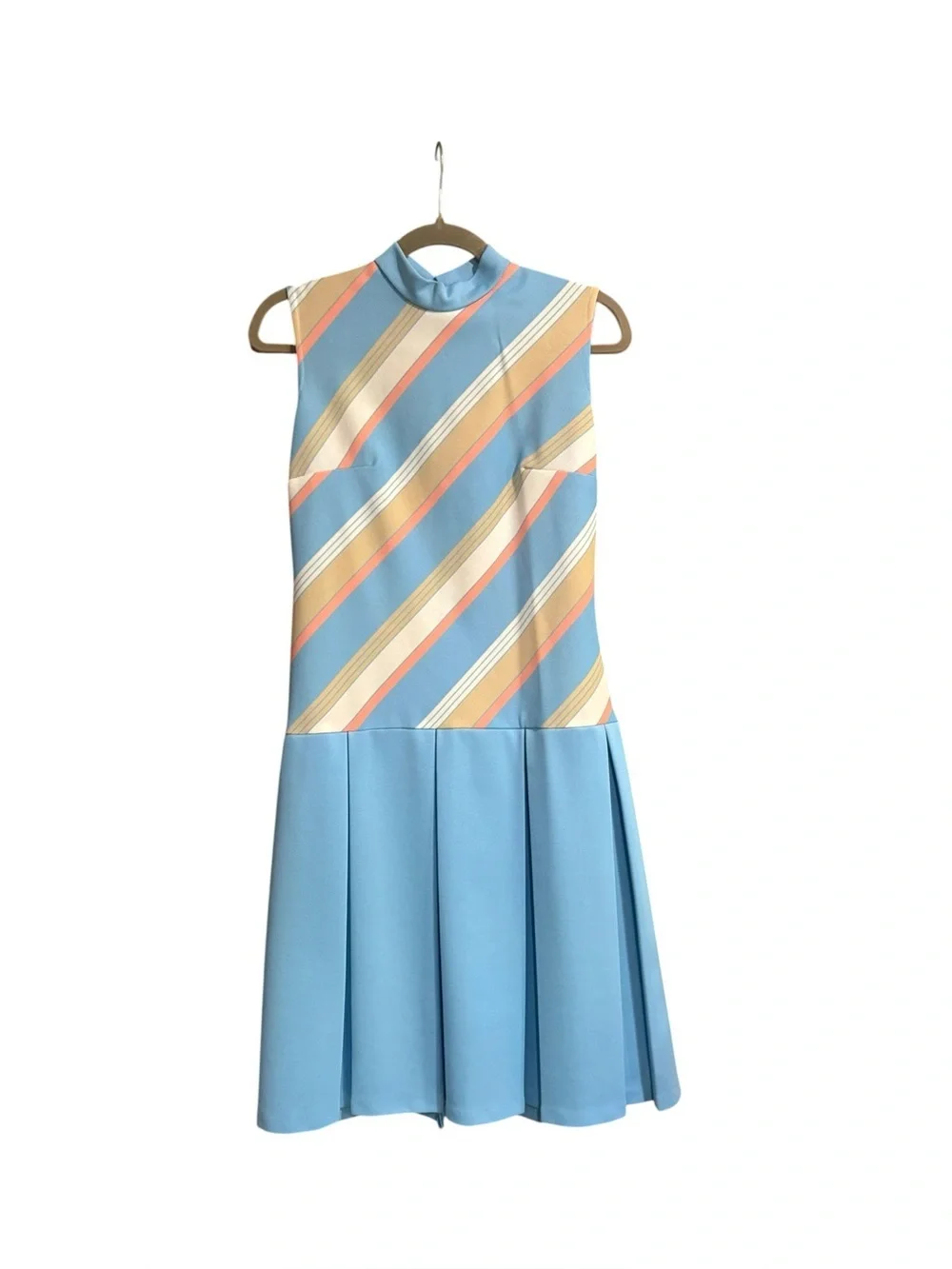 Vintage 1960s Mod Pastel Stripe Dress & Jacket Set Blue Pleated Skirt 2pc